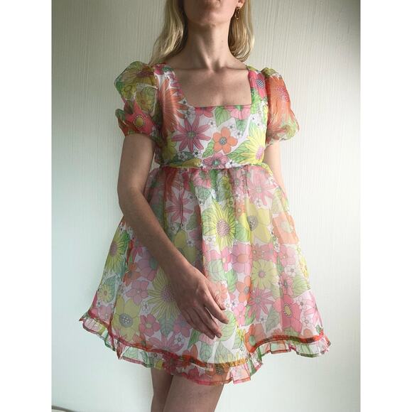 NISSA NEW YORK Sheer Floral Puff Sleeve Babydoll Dress US SMALL - Picture 1 of 14